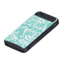 Aqua Blue and White Floral Damask Pattern iPhone 4/4S Case