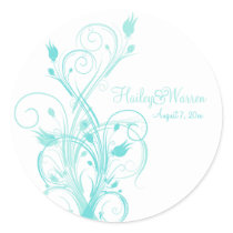 Aqua Blue and White Floral Wedding Favour Sticker