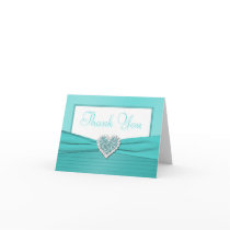 Aqua Blue and White Glitter Heart Thank You Card