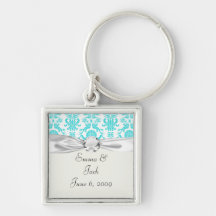 aqua blue and white intricate damask pattern keychains