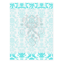 aqua blue and white intricate damask pattern postcard