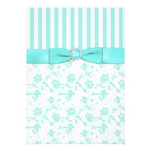Aqua Blue and White Striped Floral Wedding Invite