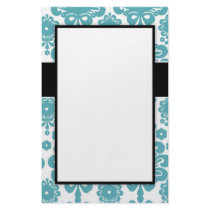 aqua blue and white swirl damask pattern design custom stationery