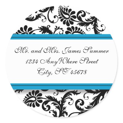 Aqua Blue Black Damask Address Wedding Stickers by samack