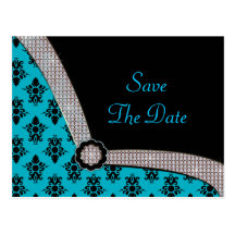 Aqua Blue & Black Damask Gem Sparkle Post Card