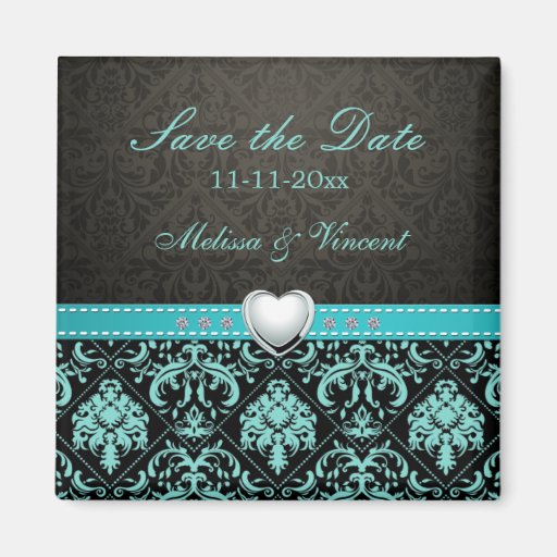 Aqua Blue / Black Damask Wedding Save the Date Refrigerator Magnets