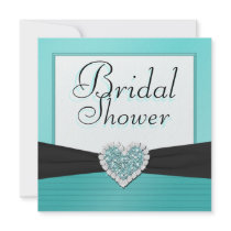Aqua Blue & Black Glitter Heart Wedding Shower Invitation