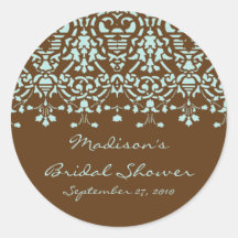 Aqua Blue & Brown Damask Bride Shower Sticker