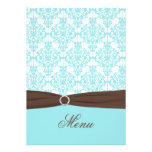 Aqua Blue, Brown, White Damask Menu Card Personalized Invitation