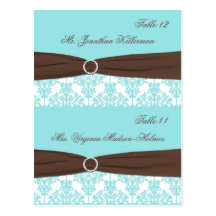 Aqua Blue, Brown, White Damask Place Cards Post Cards
