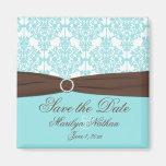 Aqua Blue, Brown, White Damask Save the Date Fridge Magnets