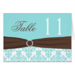 Aqua Blue, Brown, White Damask Table Number Card