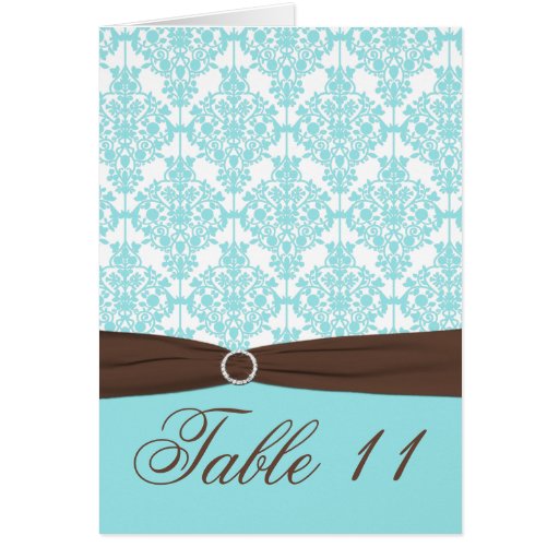Aqua Blue, Brown, White Damask Table Number Card