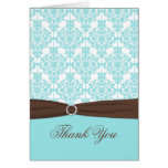 Aqua Blue, Brown, White Damask Thank You Card