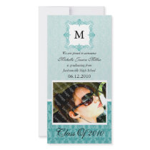 Aqua Blue Damask Initial Graduation Photo Card