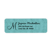 Aqua Blue Damask Monogram M or Any Initial M015 Return Address Label