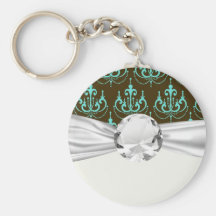 aqua blue damask pattern keychain