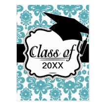 aqua blue damask pattern post cards