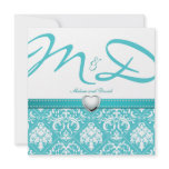 Aqua Blue Damask with Personalized Monogram Custom Announcements
