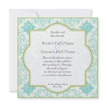 Aqua Blue Lime Toile Quatrefoil Wedding Invite