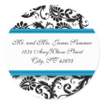 Aqua Blue on Brown Damask Address Wedding Stickers