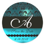 AQUA BLUE TURQUASE AQUAMARINE DAMASK MONOGRAM STICKER