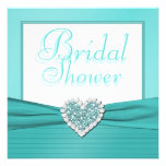 Aqua Blue, White Jewel Heart Bridal Shower Invite