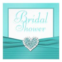 Aqua Blue, White Jewel Heart Bridal Shower Invite
