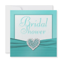 Aqua Blue, White Jewel Heart Bridal Shower Invite
