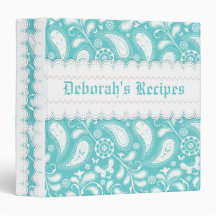 Aqua blue, white paisley with scalloped borders vinyl binder