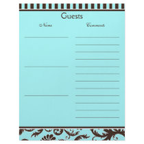 Aqua, Brown, White Stripe Damask Guest Book Paper Letterhead Design