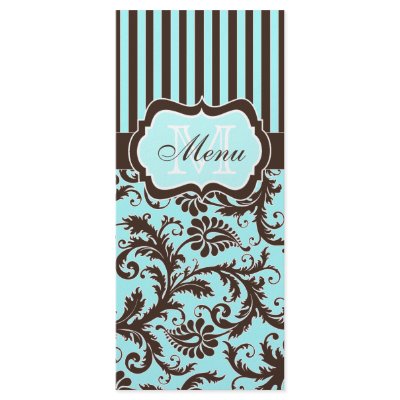 Aqua, Brown, White Striped Damask Menu Card Custom Rack Cards by NiteOwlStudio