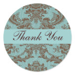 Aqua Chocolate Damask Thank You Sticker