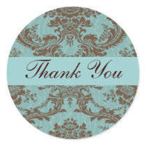 Aqua Chocolate Damask Thank You Sticker