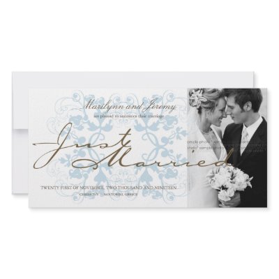 Aqua Floral Flourish Photo Wedding Announcement Photo Card Template by fatfatin_blue_knot