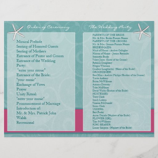 Aqua & Fuchsia Beach Wedding Ceremony Programs Flyer