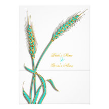 Aqua gold wedding wheat flower personalized invite