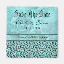 Aqua grey "save the date" wedding damask fridge magnets