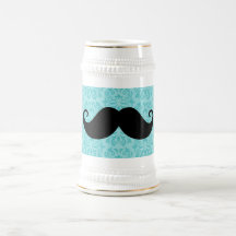 Aqua handlebar moustache on black damask pattern coffee mug