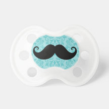 Aqua handlebar moustache on black damask pattern pacifiers