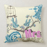 Aqua Hot Pink Birds Mrs. Brides Pillow