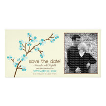 Aqua/Ivory Cherry Blossom Save the Date Photocard Photo Greeting Card