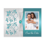 Aqua-marine and Silver Floral Photo Save the Date Post Card