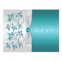 Aqua-marine and Silver Floral RSVP Post Cards