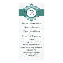 aqua monogram Wedding program Custom Rack Cards