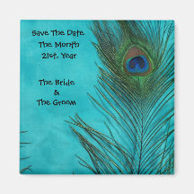 Aqua Peacock Feathers Wedding Magnets