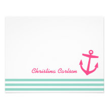 Aqua & Pink Nautical Stripes & Anchor Stationery Custom Invitations