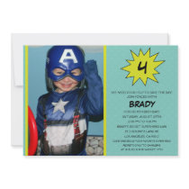 Aqua Save the Day Superhero Photo Birthday Party Custom Announcement