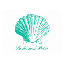 Aqua Shell Beach Wedding RSVP Postcard
