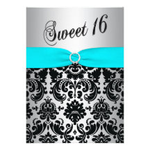 Aqua, Silver, and Black Damask Sweet 16 Invitation